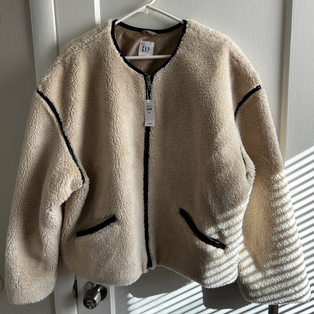 GAP Beige Sherpa Jacket with Black Trim